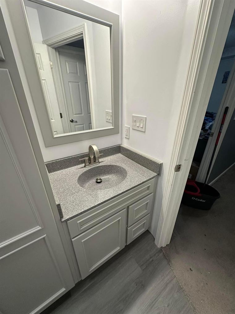 The finished vanity wall from the doorway