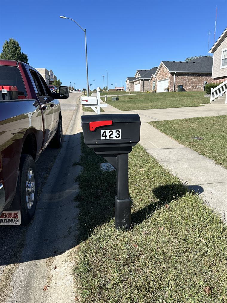 New black mailbox and post set at the curb